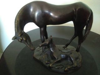 Vintage Bronze Sculpture Mother And Child Small Horse Art Statue