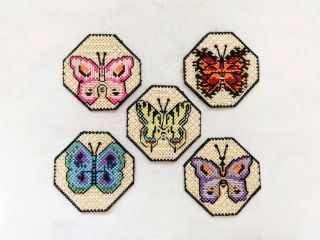 Vtg Five (5) Butterfly Plastic Canvas Needlepoint Drink Coasters Wall Hangings