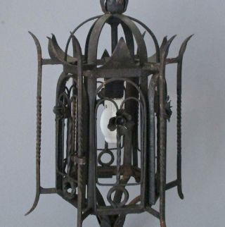 Antique Wrought Iron Chandelier Lantern 6 - Sided Bird Cage Mediterranean Revival