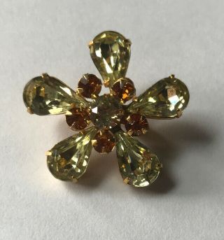 Vintage Weiss Green And Amber Colored Rhinestone Flower Whimsical Brooch Pin