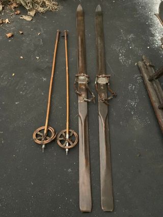 Antique Skis Wood Wooden Victorian Leather Binding Poles Wall Hanging Chalet Art