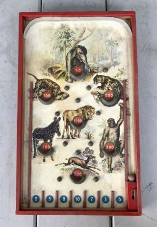 Antique Vintage Wooden Animal Toy Bagatelle Pinball Marble Board Game