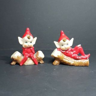 2 Vintage Porcelain Red Christmas Elf Pixie Figures Elves Sit On Log Made Japan