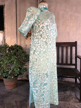 Antique 1930s White & Blue Silk Chiffon Cheongsam Qipao Appliqués Dress Vintage