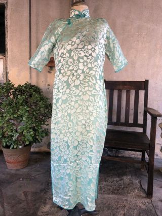 Antique 1930s White & Blue Silk Chiffon Cheongsam Qipao Appliqués Dress Vintage 3
