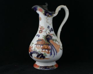 Antique 19th Century English Imari Polychrome Syrup Jug/pitcher With Pewter Lid