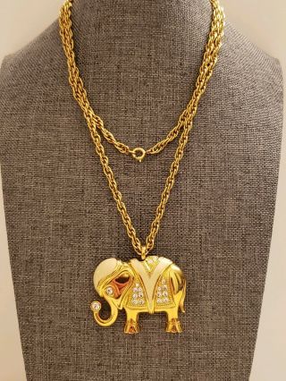 Signed Kjl For Avon Vintage Brooch Pendat Elephant Enamel Rhinestone Gold Tone