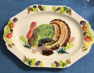 Vtg Mid Century Ceramic 18 3/4” X 13” Turkey Platter With Fruit Border Japan