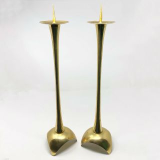 Vtg Set / 2 Mid Century Modern Brass Candle Holders Atomic Pillar Retro Mcm Tall