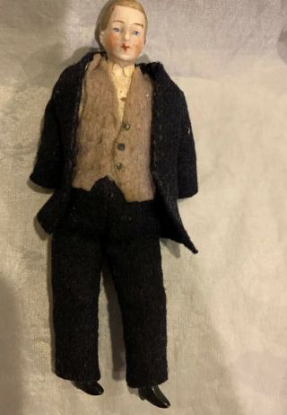 Antique 1930’s German Bisque/cloth - Man - Dollhouse Doll - Marked 73.  36? Germany 5”