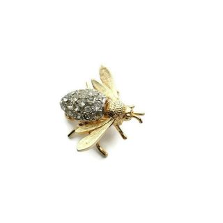 Vintage Bee Bug Insect Brooch Pin Clear Rhinestones Gold Tone Faux Diamonds