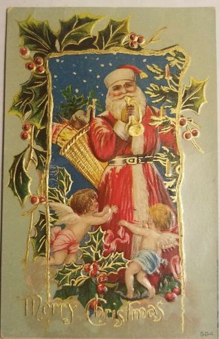 Vintage C1910 Postcard Santa W/trumpet,  Toys,  Angels Dancing At His Feet