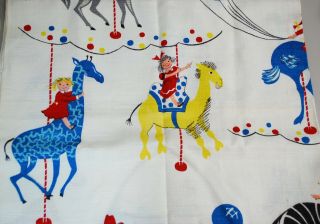 Vintage Barkcloth Fabric Circus / Kids / Carousel 37 " X 34 "