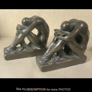 Antique Pair Signed Armor Bronze Bookends Nude Resting On Book