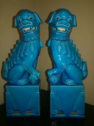 Chinese Vintage Blue Porcelain Ceramic Foo Dog Statue Figurine 13 " Tall One Pair