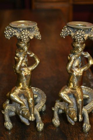Pair 19th Century Bronze / Brass Cherub On Crocodile Figural Candlesticks,  C1890