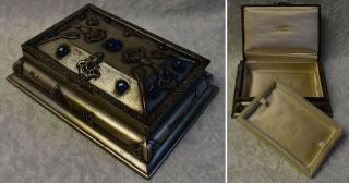 Antique La Tausca Silver Brass Jewelry Trinket Box Casket Blue Glass Cabochons