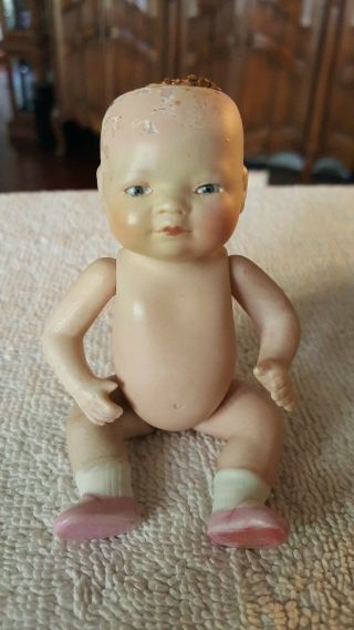 5 " Antique All Bisque German Bye - Lo Baby Doll W Orig Label & Gown Grace S Putnam