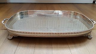 Large Footed Antique Silver Plate On Copper Galleried Tray With Handles 55cms