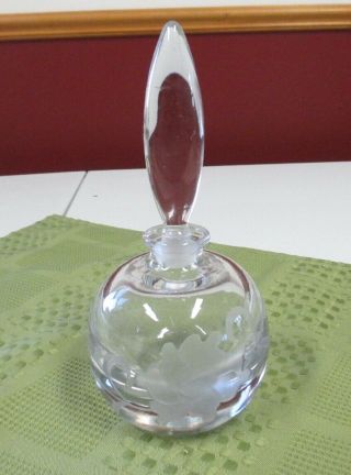 Vintage Perfume Bottle Clear Glass - Etched Floral 7 1/2 " Tall - Heavy