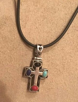 Vintage Sterling Silver Multi Stone Cross Necklace On 18” Cord