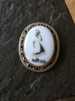 Vintage White & Black Lady Brooch Pendant - Gold & Silver Tone - Cameo Style