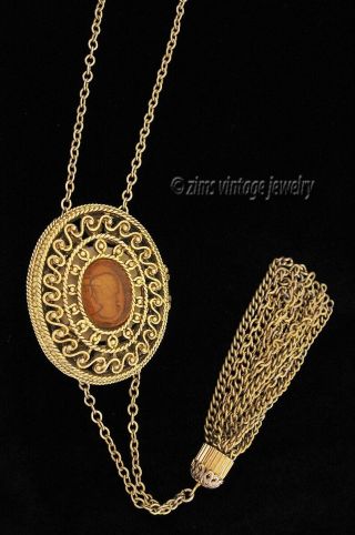 Vintage Corday Gold Filigree Cameo Perfume Locket Pendant Long Tassel Necklace