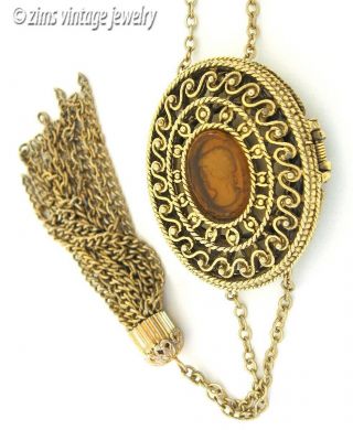 Vintage CORDAY Gold filigree CAMEO Perfume locket Pendant Long tassel NECKLACE 3