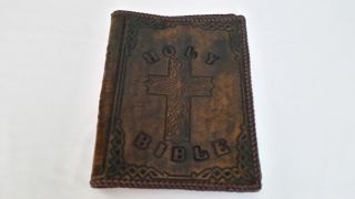 Vintage Hand Tooled Cross Holy Bible Leather Cover
