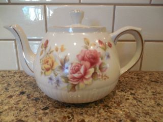 Vintage Ellgreave Tea Pot Made In England Floral Pink Yellow Roses (wood & Sons)