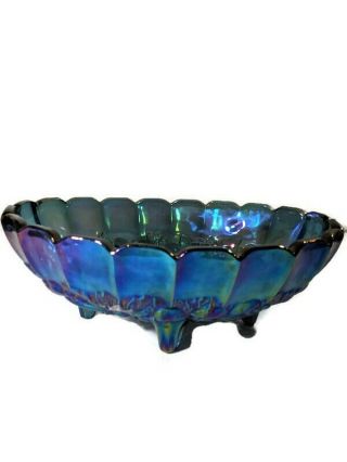 Vintage Large Blue Carnival Glass Iridescent Grape Harvest Oval Bowl 12x9 Footed