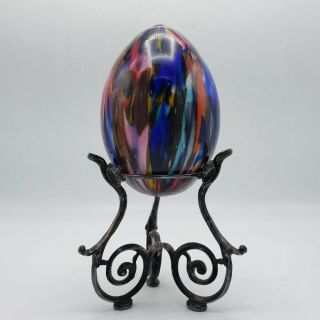 Vintage Art Glass Multi Colored Egg On Metal Stand 5 " Tall