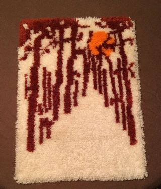 Vintage Completed Latch Hook Rug 19.  5 X 27,  Snowy Morning Sunrise