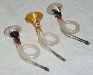 3 Vintage Antique Glass Hand Painted Horn Instrument Ornaments