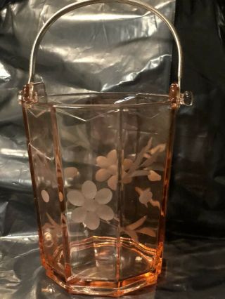 Vintage Pink Depression Glass Ice Bucket Metal Handle Floral Etched Pattern Exc