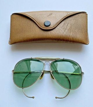 Vintage Bushnell Aviator Shooting Sunglasses Green Lens With Glasses Case