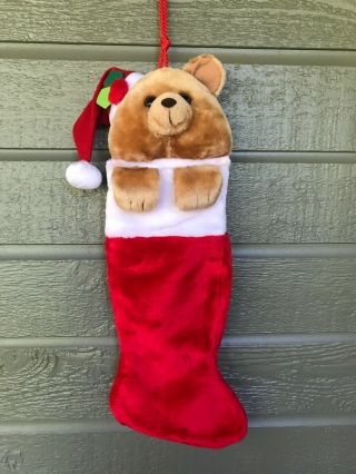 Vintage Plush Teddy Bear Wearing Santa Hat Christmas Stocking Novelty Lt Brown