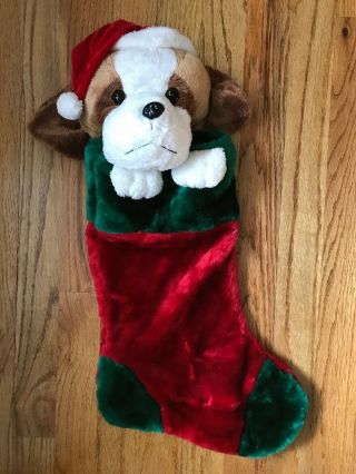 Vintage Plush Brown Puppy Dog Wearing Santa Hat Christmas Stocking