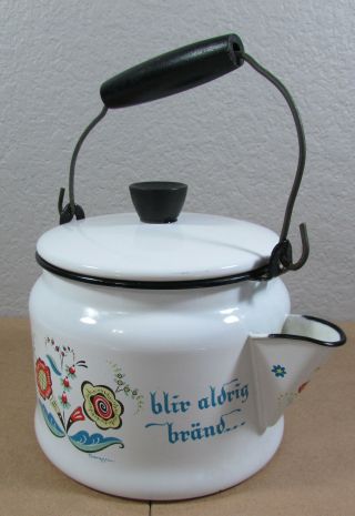 Vintage Swedish Berggren Porcelain Enamelware Floral 2.  5 Quart Tea Coffee Pot