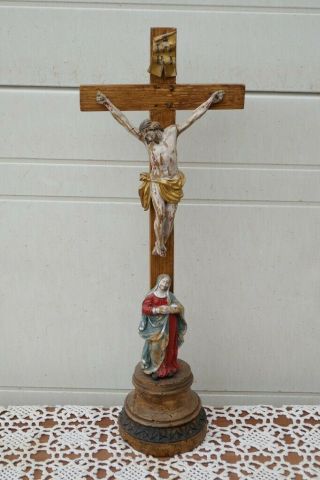 Antique Old Vintage Hand Carved Wooden Jesus Christ Crucifix Church Altar Cross