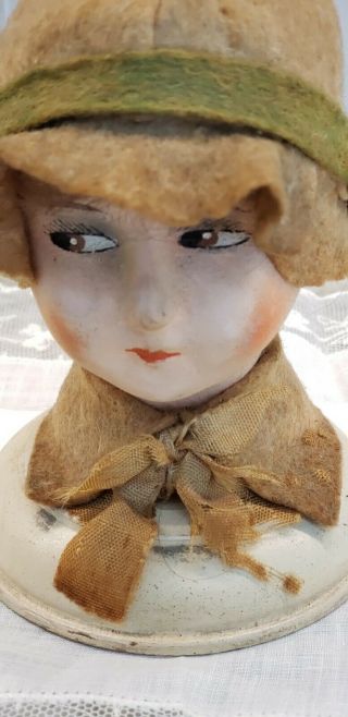 Antique Felt Velvet Art Deco Composition Doll Head Hat Stand,  Cutie