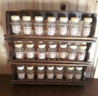 Vintage 3 Tier Wooden Herbs & Spice Rack Wall Mount Or Stand Incl.  21 Refills