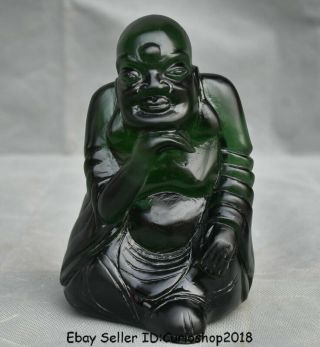 6.  8 " China Hongshan Culture Green Crystal Carved Seat Arhat Lohan Buddha Statue