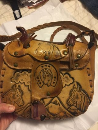 Vintage Leather Saddle Horse Print Bag Euc