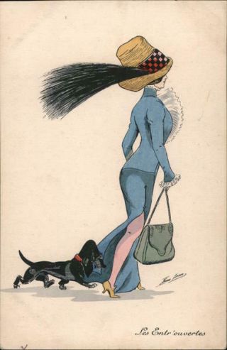 Xavier Sager Woman In Blue,  Big Hat,  Black Dog Series 4570 Dogs Postcard Vintage