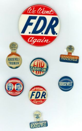 5 Vtg 1940 - 44 President Fdr Roosevelt Campaign Pinback Buttons - 3 Tabs I Want