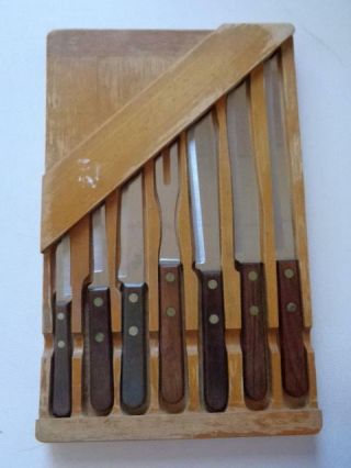 Vintage Holiday Burrell 7 Pc Stainless Steel Kitchen Knives Cutlery Wood Handles