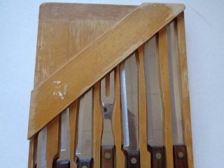 Vintage Holiday Burrell 7 Pc Stainless Steel Kitchen Knives Cutlery Wood Handles 3