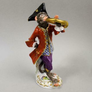 Antique Meissen Porcelain Monkey Band Figure French Horn Player C.  1890