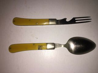 Antique Union Cut Co Olean Ny Pocket Knife Fork Spoon Ka - Bar Yellow Handle